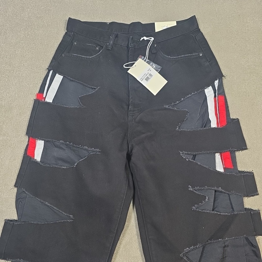 MNML Hybrid Slashed Ultra Baggy Track Lined Denim Jeans Womens 30 Black NWT